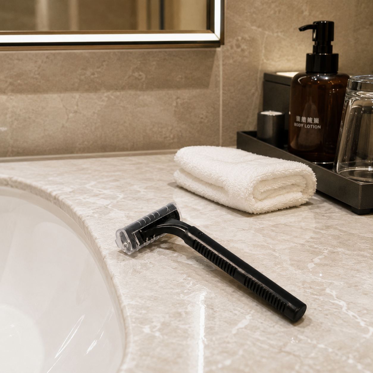 travel razor displayed in luxury hotel bathroom