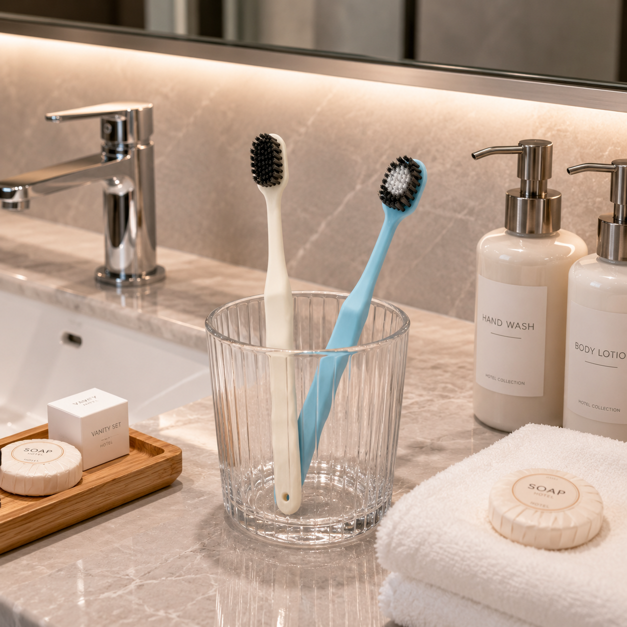 Luxury hotel toothbrushes displayed in a modern bathroom hospitality setting