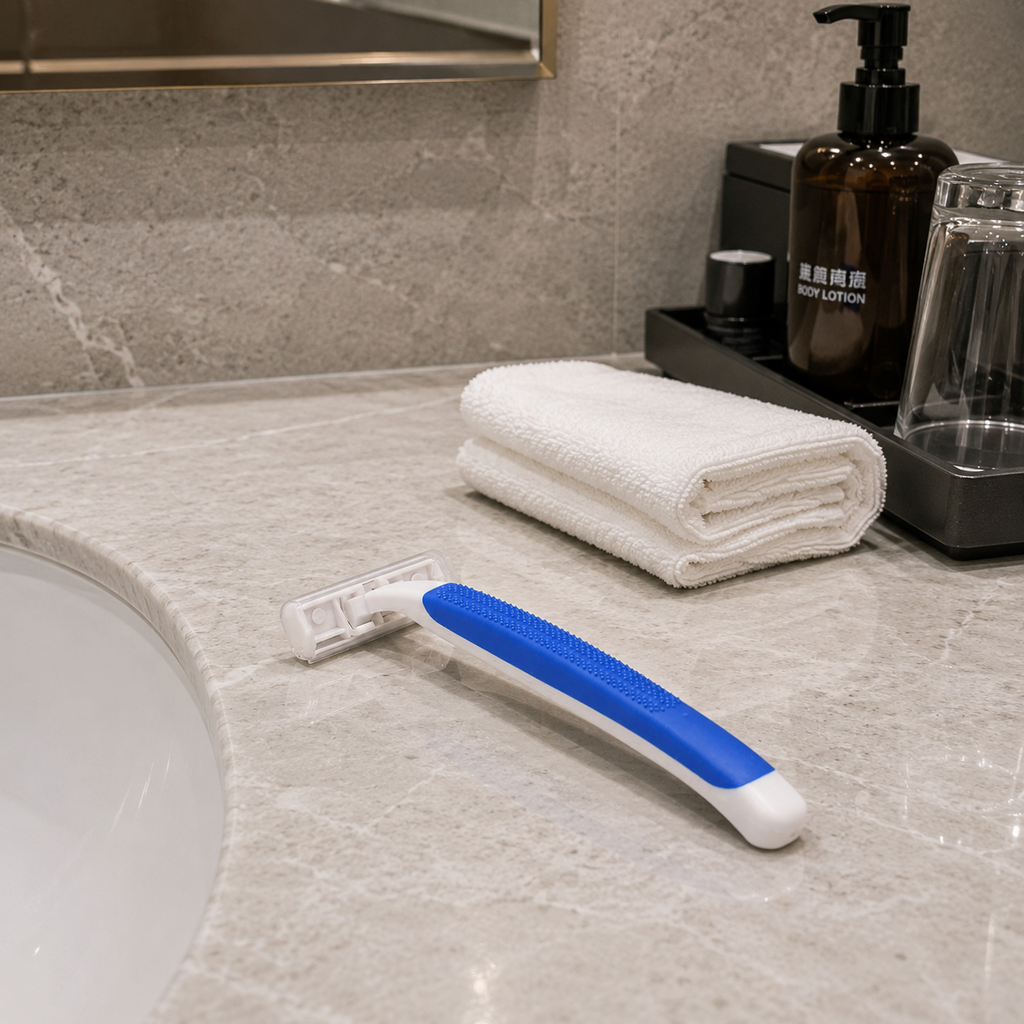 premium hotel disposable razor displayed in modern bathroom setting