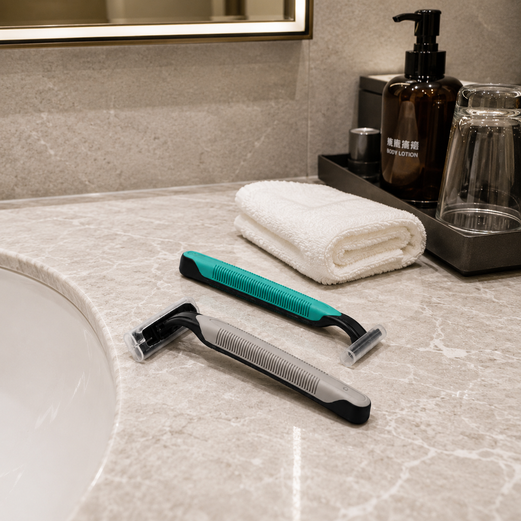 hotel disposable razors displayed in luxury bathroom setting