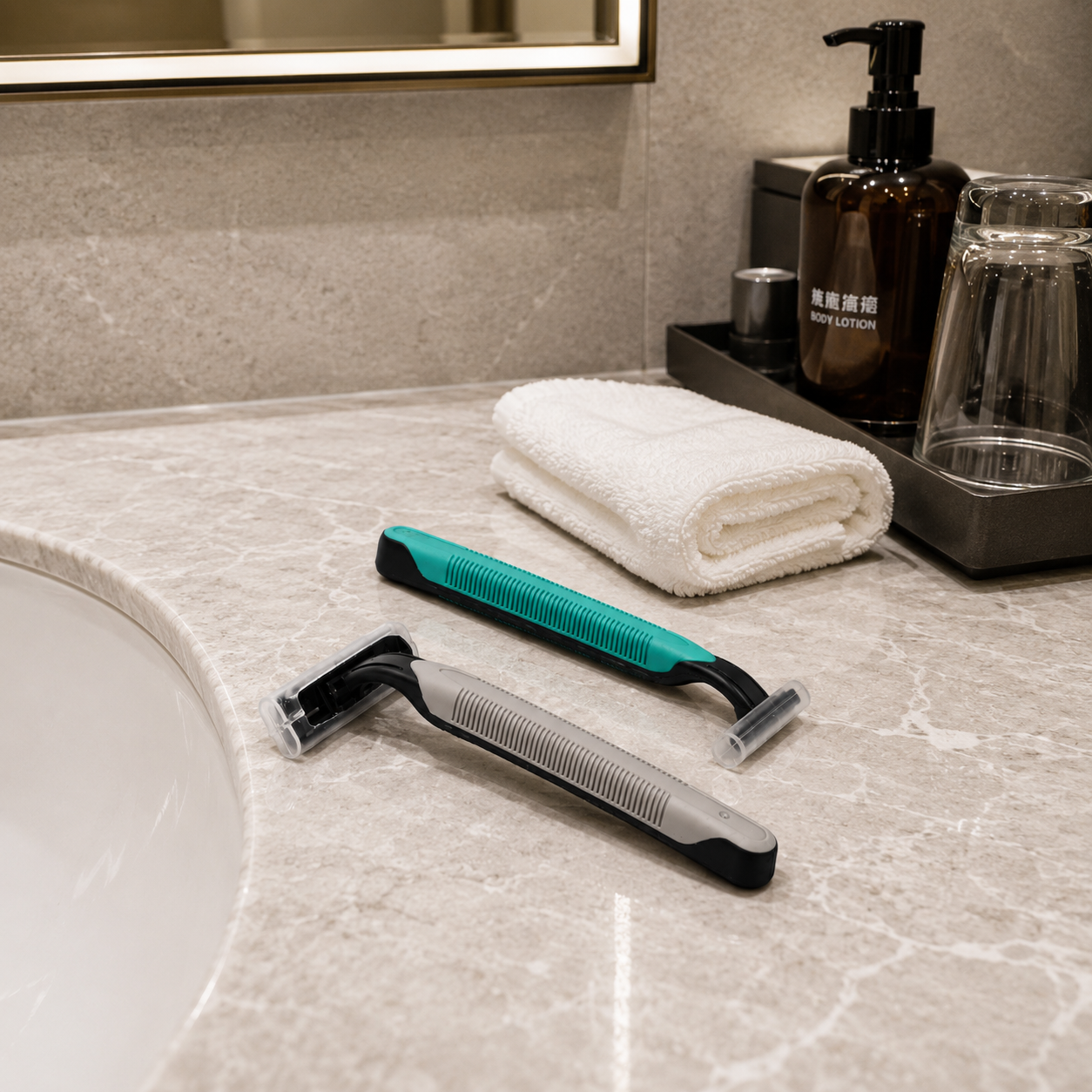 hotel disposable razors displayed in luxury bathroom setting