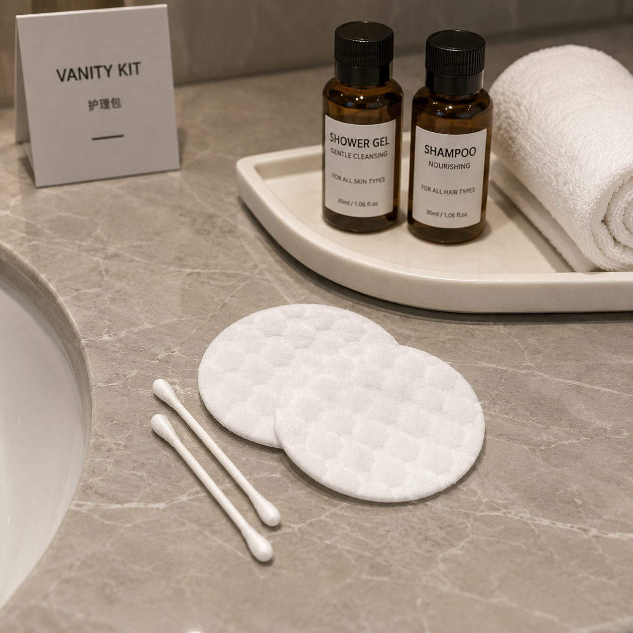 hotel vanity kit displayed in modern bathroom setting