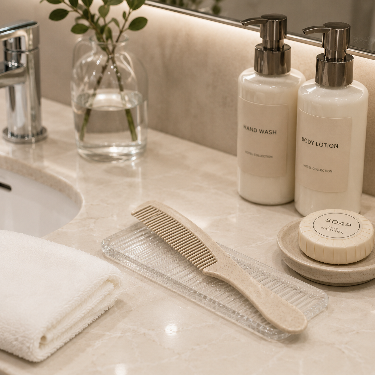 Wheat straw hotel comb displayed in a luxury hotel bathroom setting