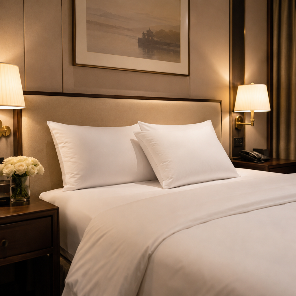 Luxury hotel bed with feather and down pillows