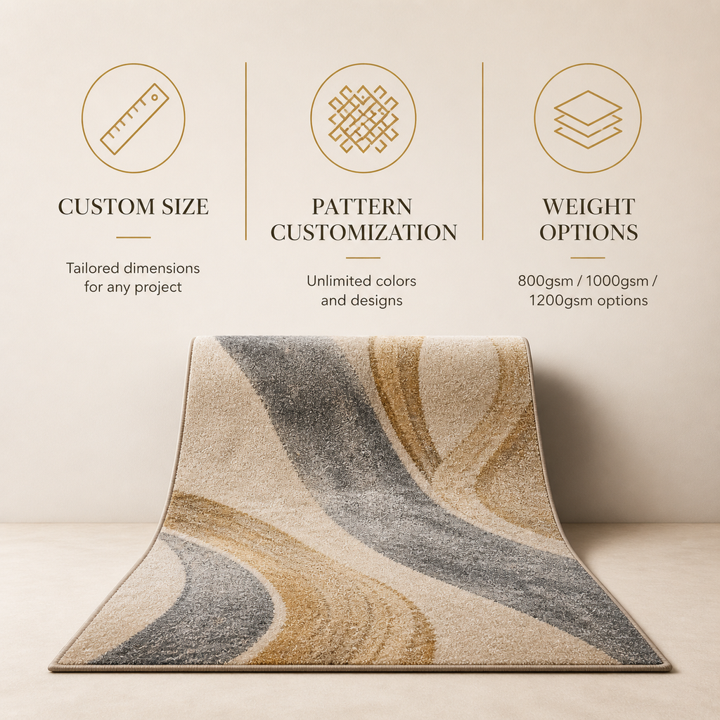 Hotel carpet customization options including size, pattern and weight for hospitality projects