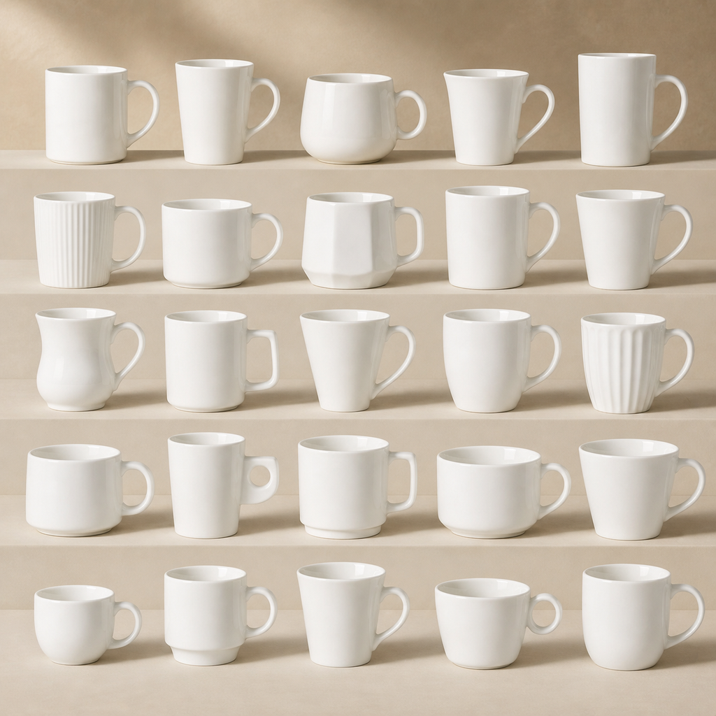 Multiple styles of white ceramic mugs displayed in a grid, different shapes for hotel coffee cups and hospitality use
