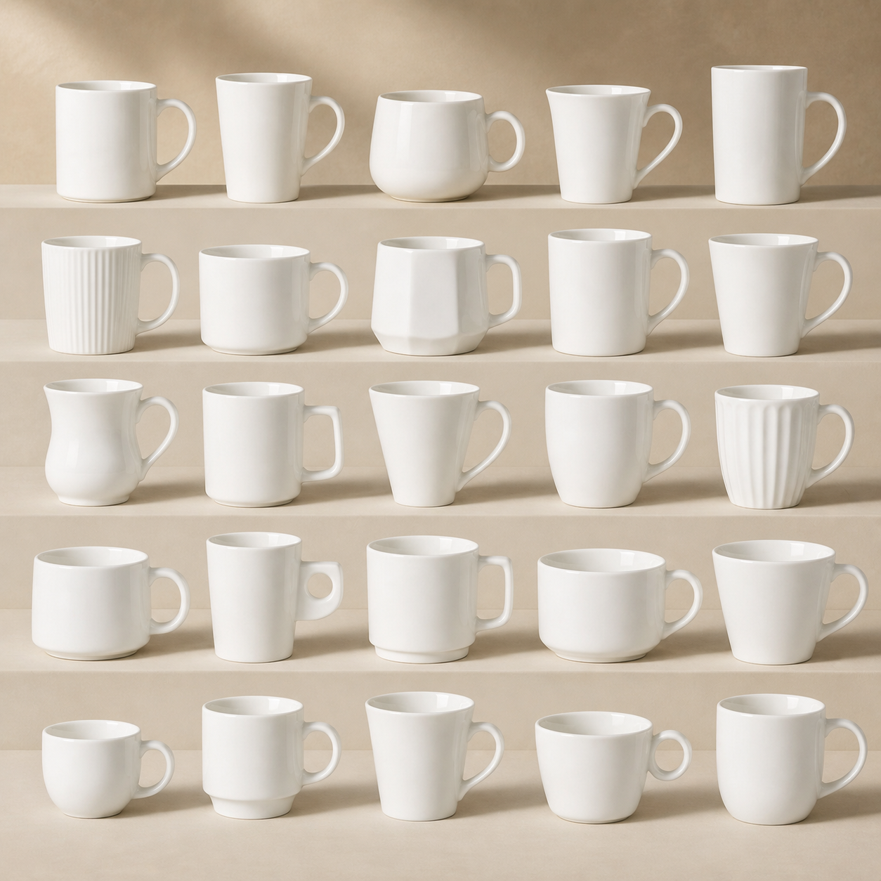 Multiple styles of white ceramic mugs displayed in a grid, different shapes for hotel coffee cups and hospitality use