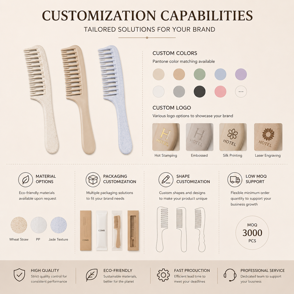 Customization options for eco-friendly hotel comb including logo printing and packaging