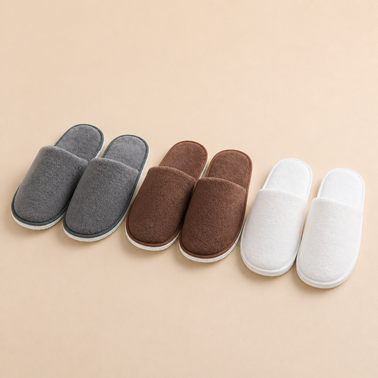 hotel coral fleece slippers in grey brown and white colors for airbnb and hotel use