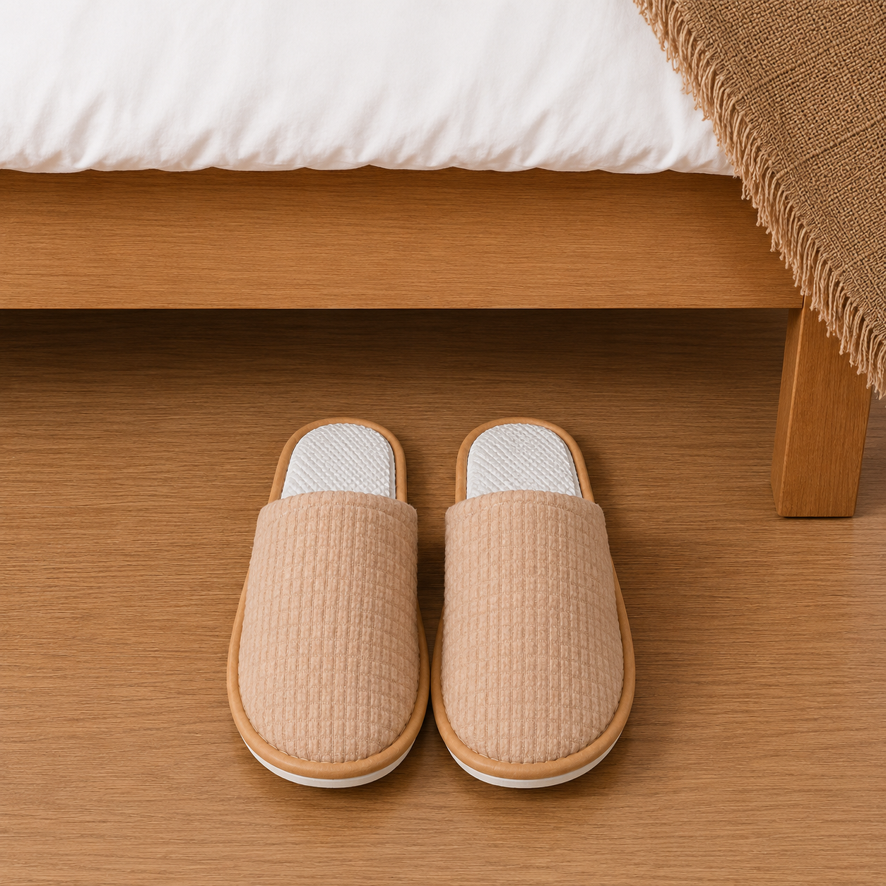 Corduroy hotel guest slippers beside hotel bed