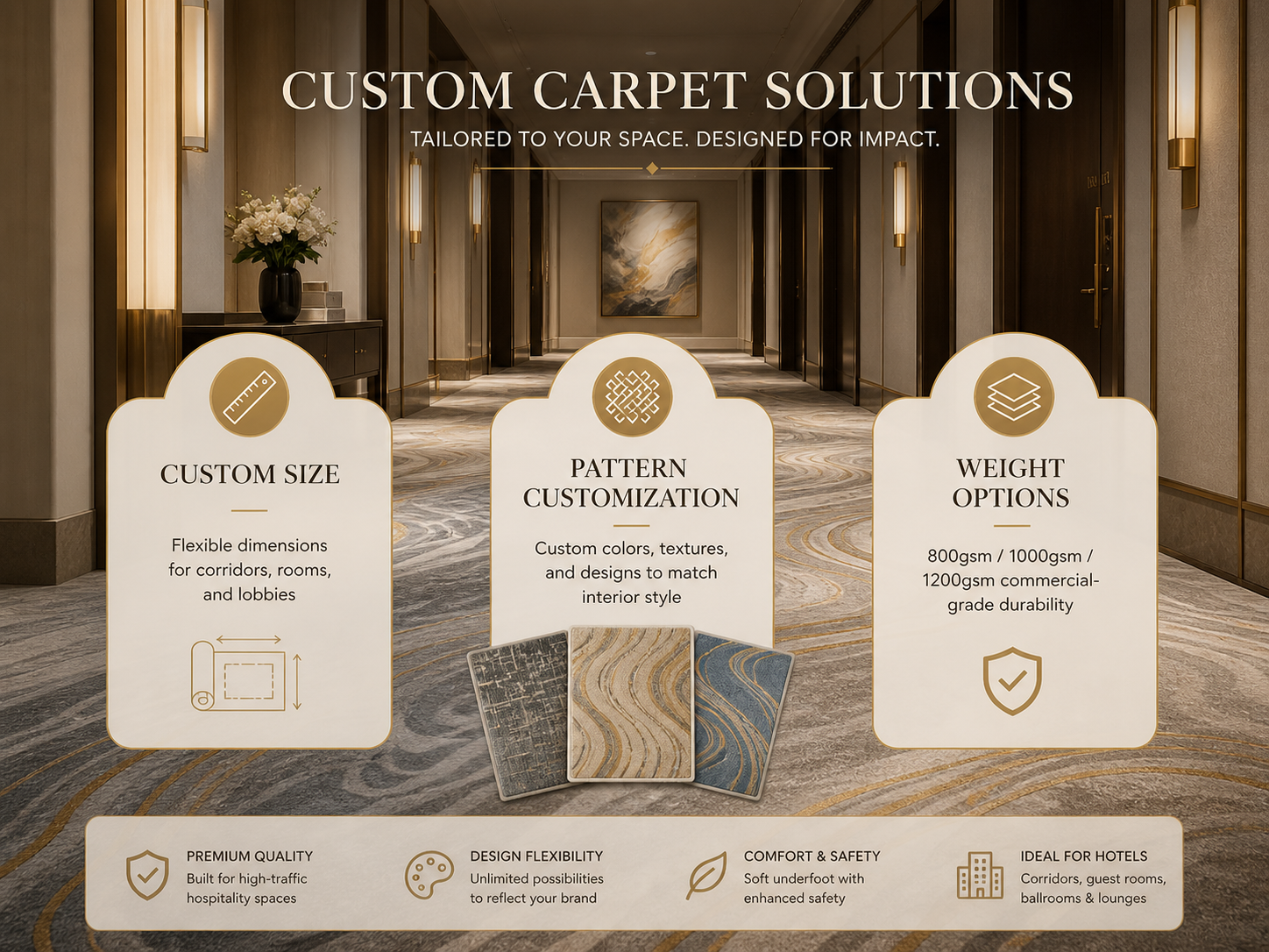 Custom hotel corridor carpet with flexible size, pattern and weight options for commercial use
