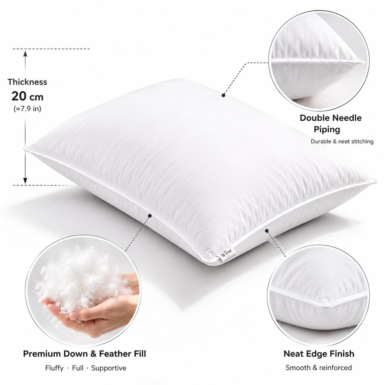 Hotel down pillow with double needle piping and rebound support details