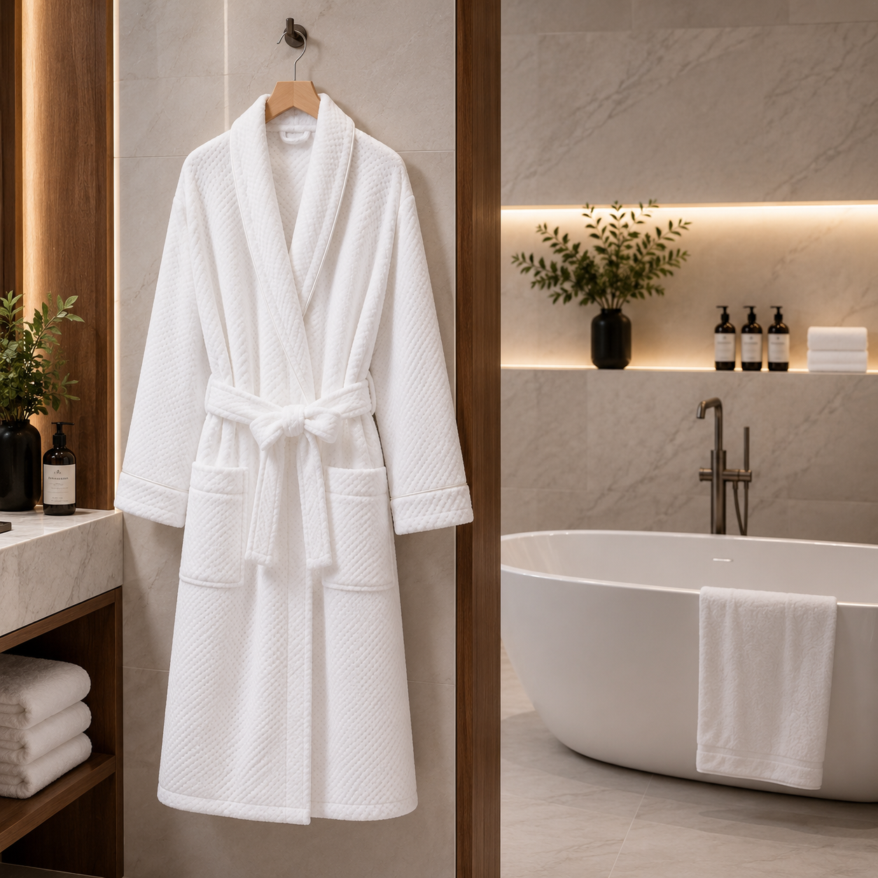 luxury hotel flannel bathrobe bathroom scene