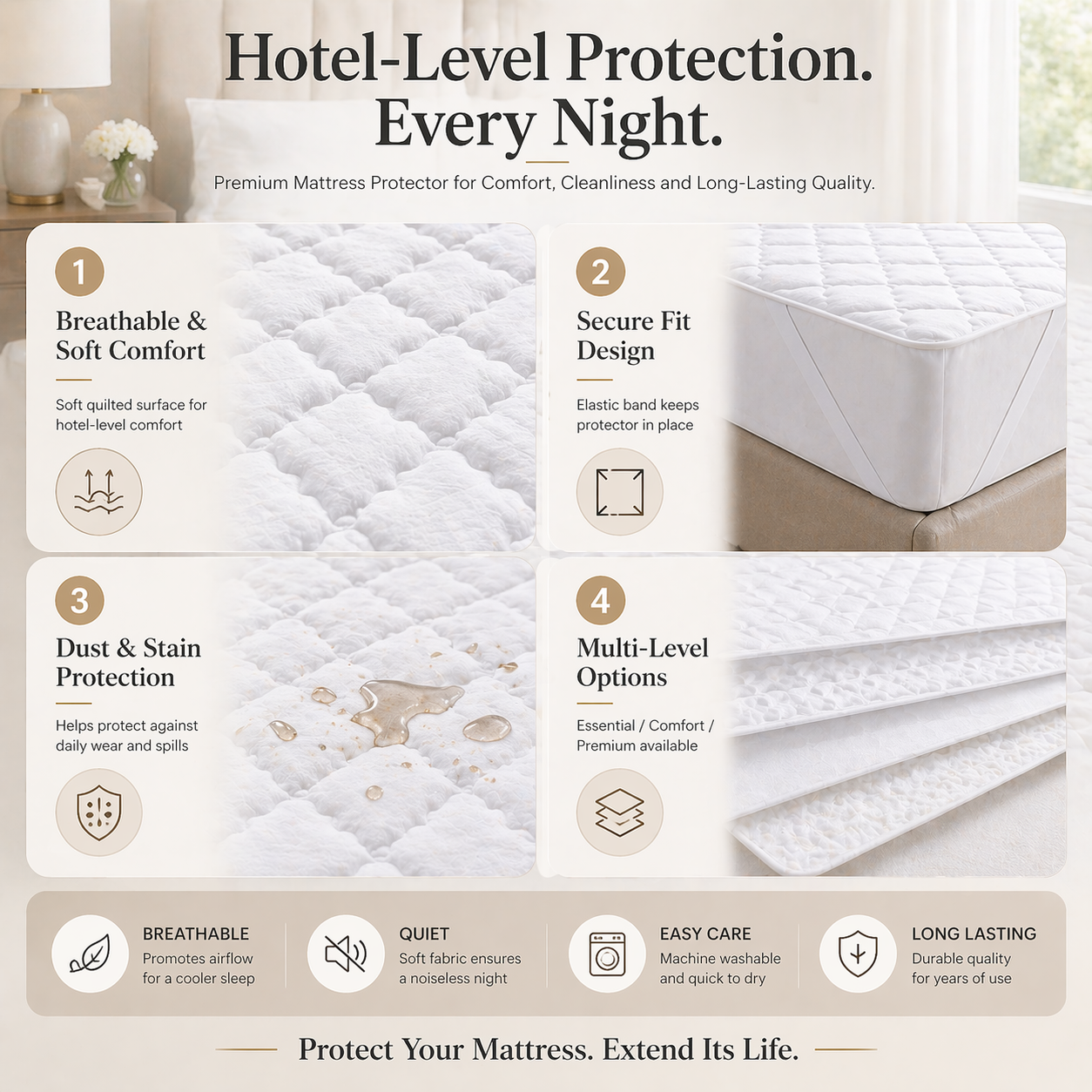 hotel mattress protector features breathable soft comfort secure fit dust stain protection multi level options bulk supplier