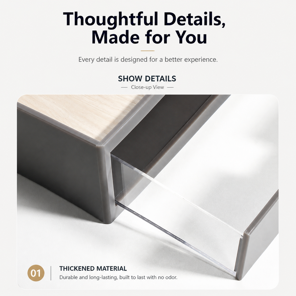 Close-up of hotel room organizer drawer design showing smooth sliding structure and thickened material