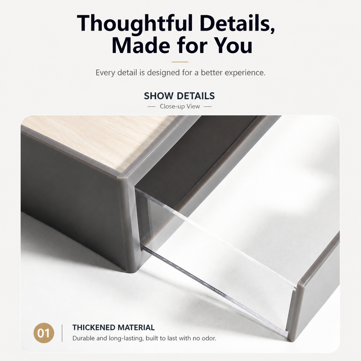 Close-up of hotel room organizer drawer design showing smooth sliding structure and thickened material