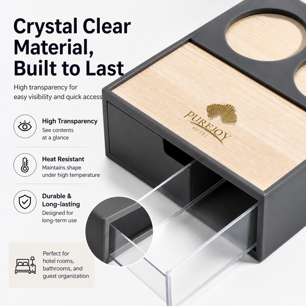 Hotel room organizer made of durable and transparent material with high heat resistance and long-lasting quality