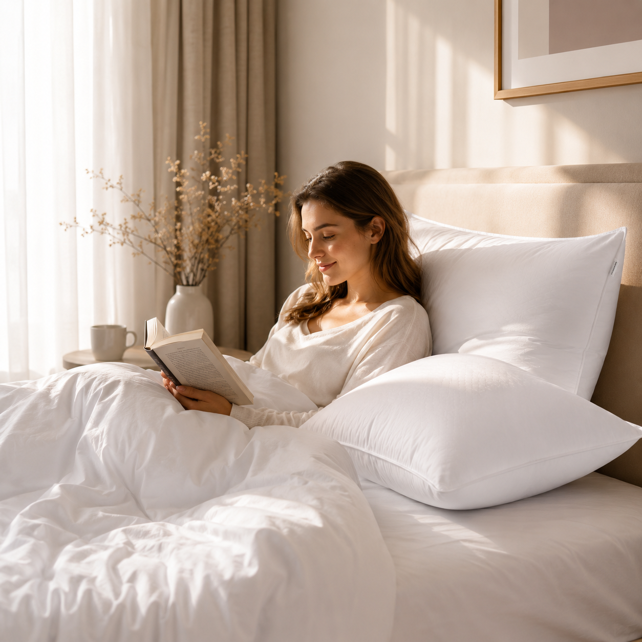 Woman relaxing with luxury white duck down hotel pillow
