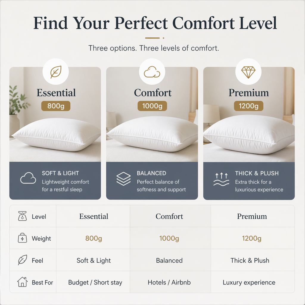 hotel pillow comparison essential 800g comfort 1000g premium 1200g for different comfort levels