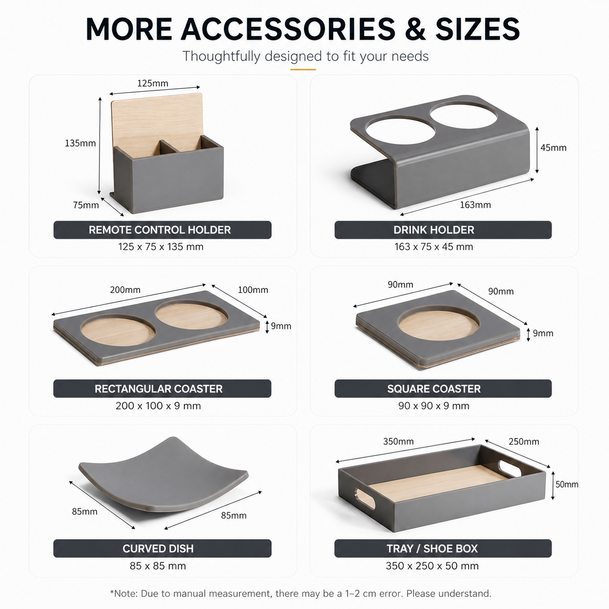 Hotel room accessories set including remote holder, drink holder, coaster and tray with detailed dimensions