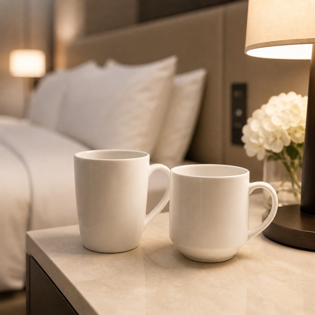 White ceramic mugs placed on hotel bedside table in a modern room setting for hospitality use
