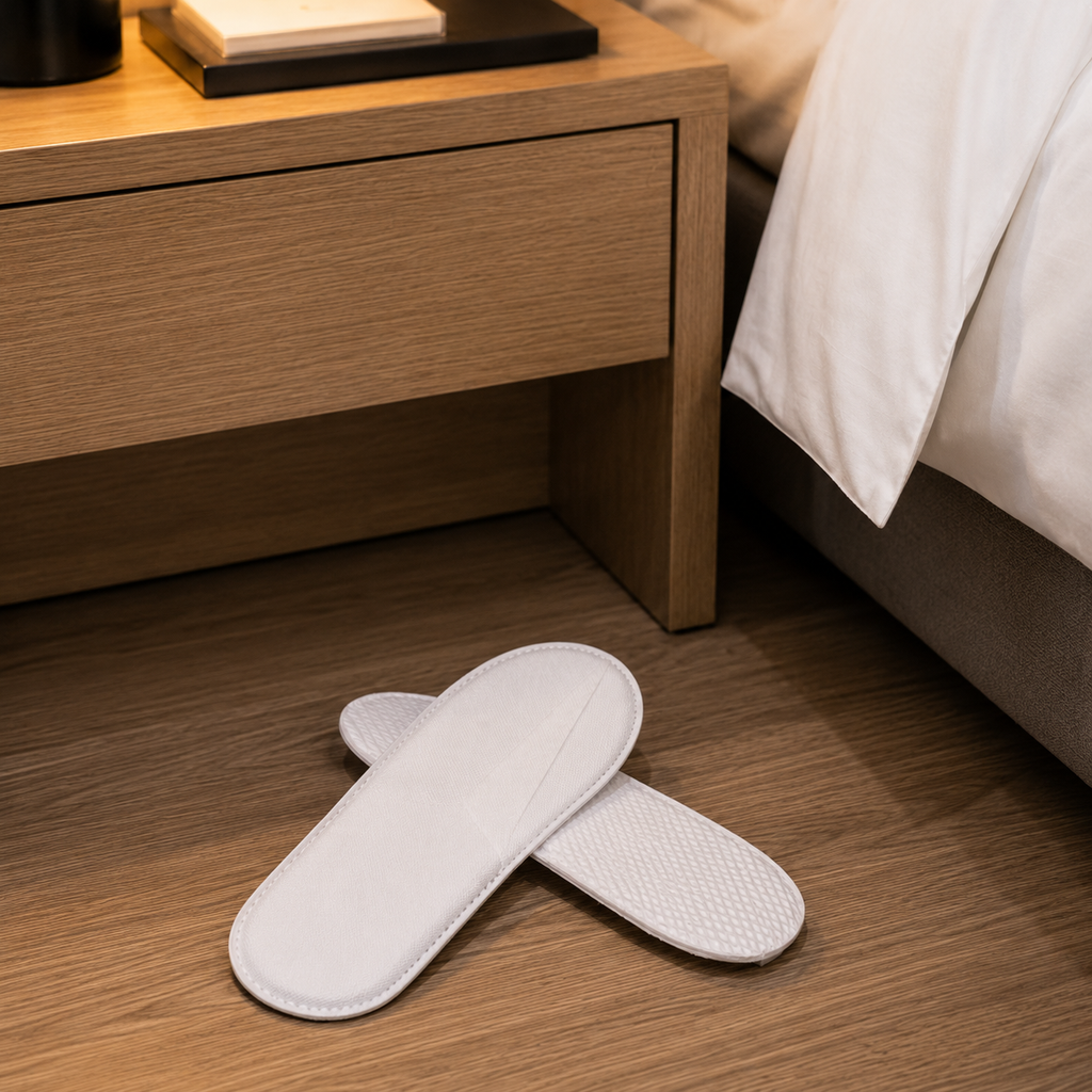 Disposable guest slippers in modern hotel room