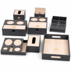 Complete hotel room organizer set including tray, tissue box, tea box and storage accessories for guest rooms