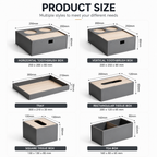 Hotel room organizer set size chart including tray, tissue box, tea box and storage accessories dimensions