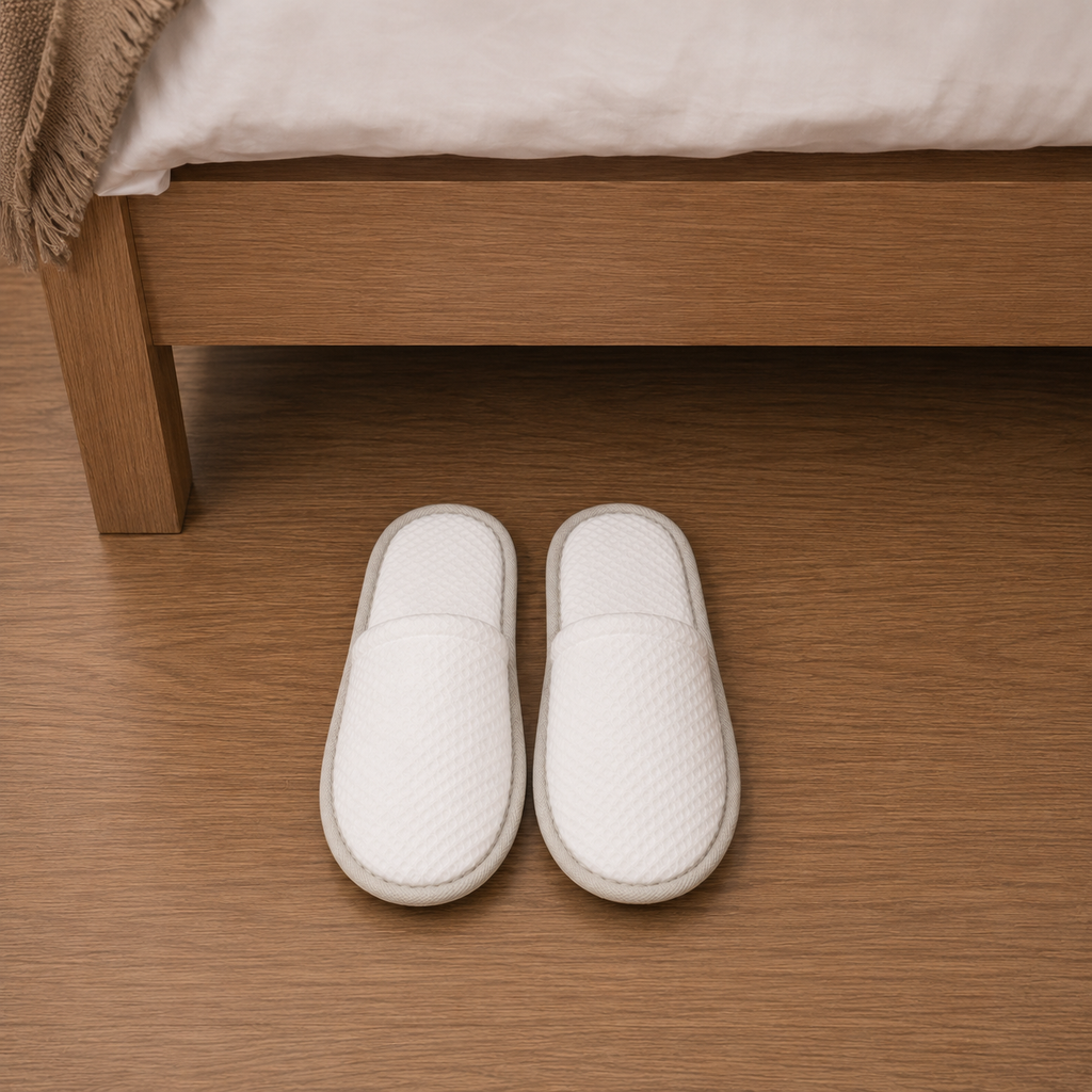 Disposable hotel slippers placed beside hotel bed