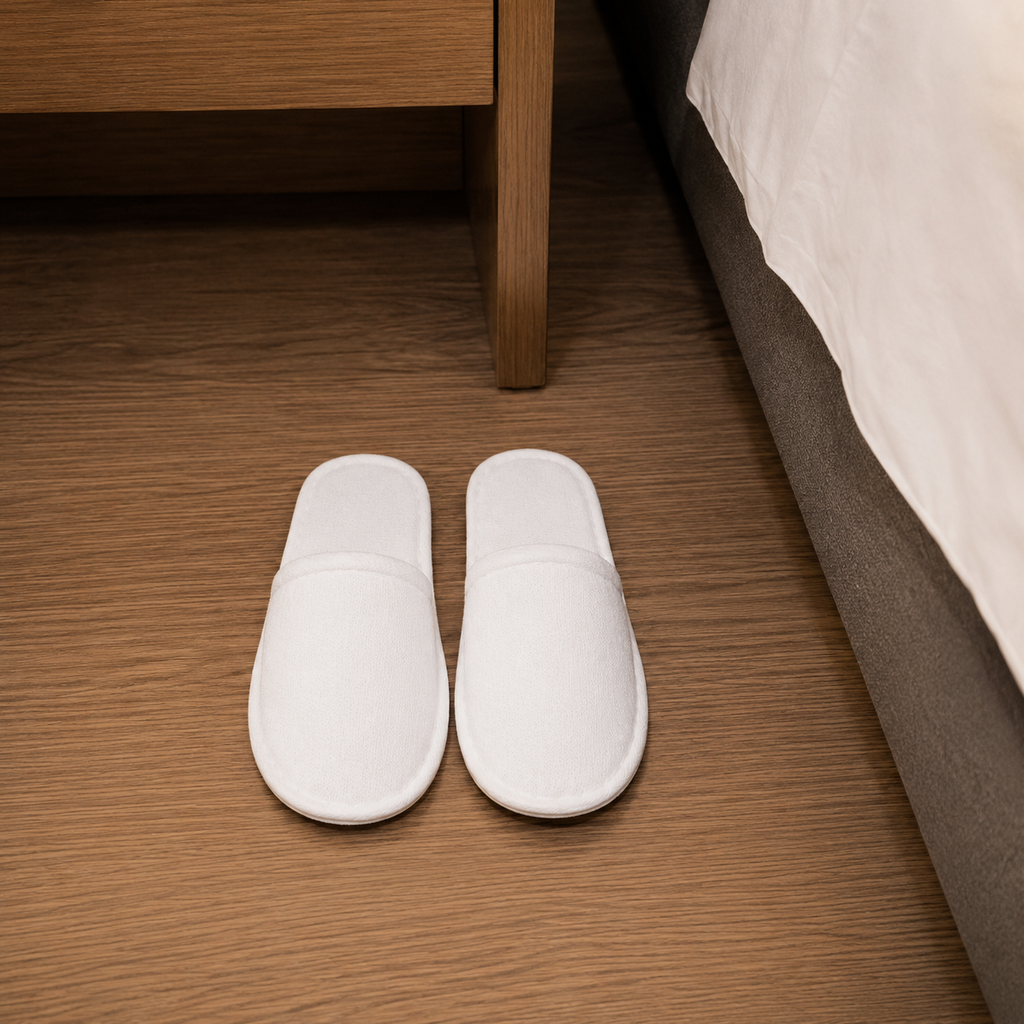 Disposable hotel slippers placed beside hotel bed
