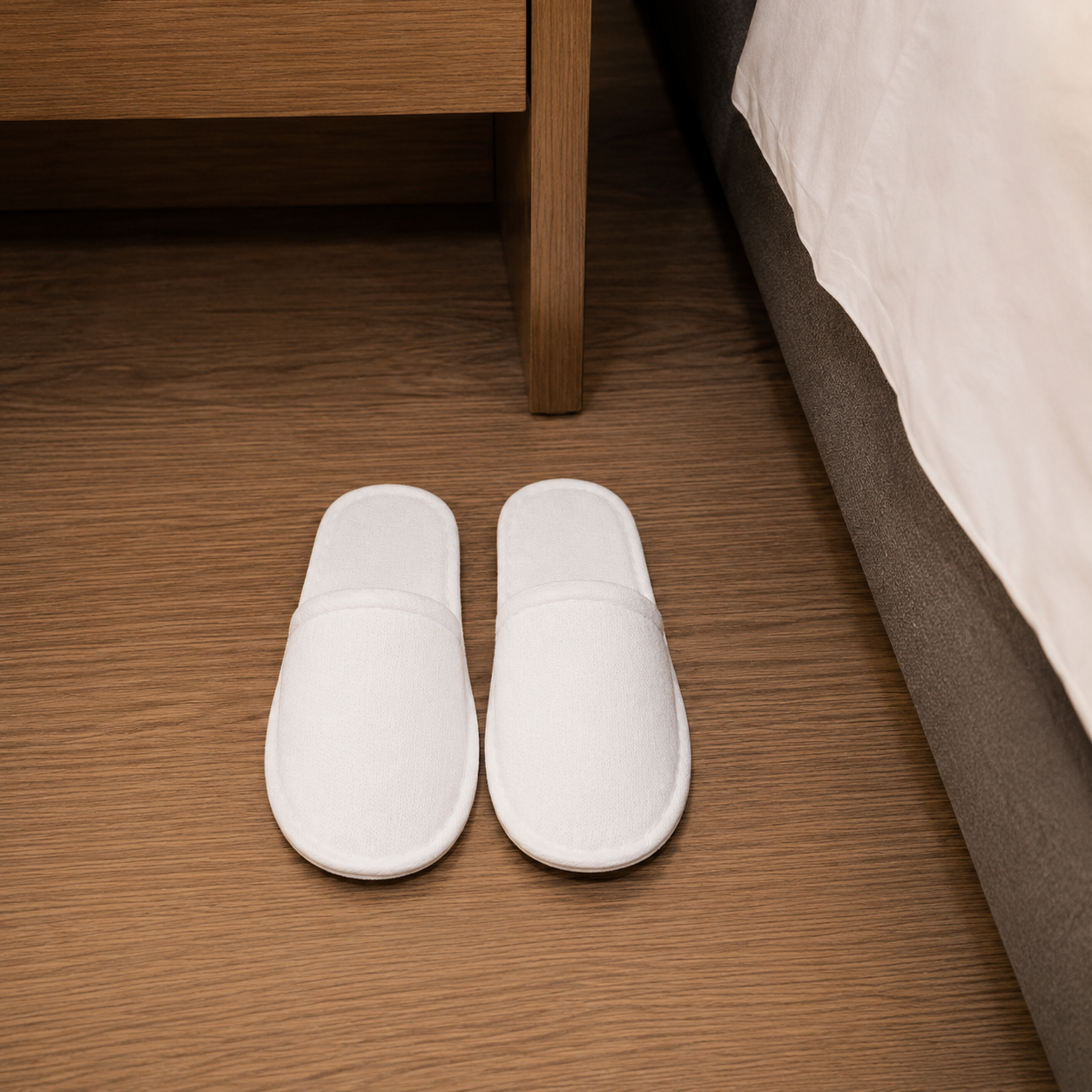Disposable hotel slippers placed beside hotel bed