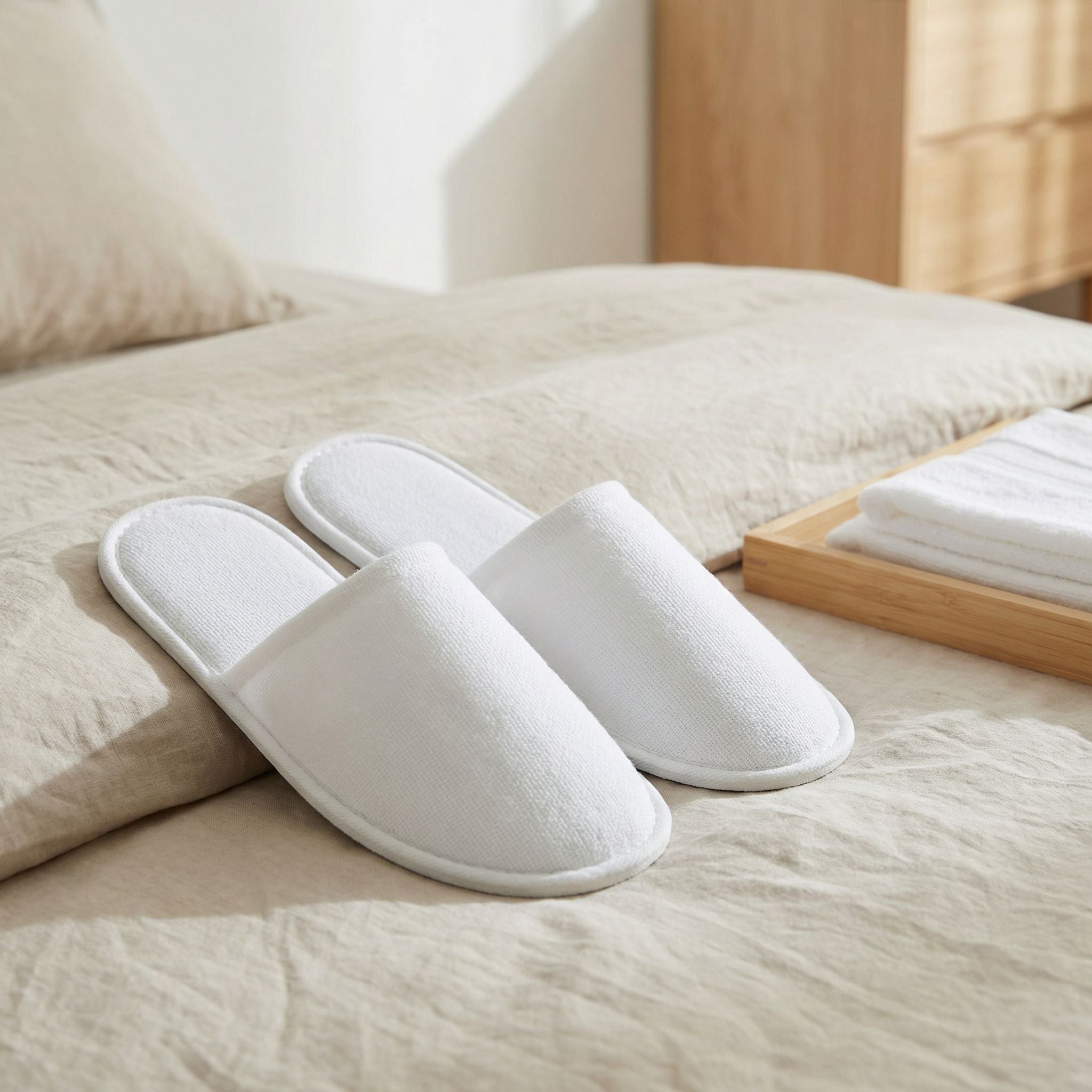 hotel room slippers setup with bedding