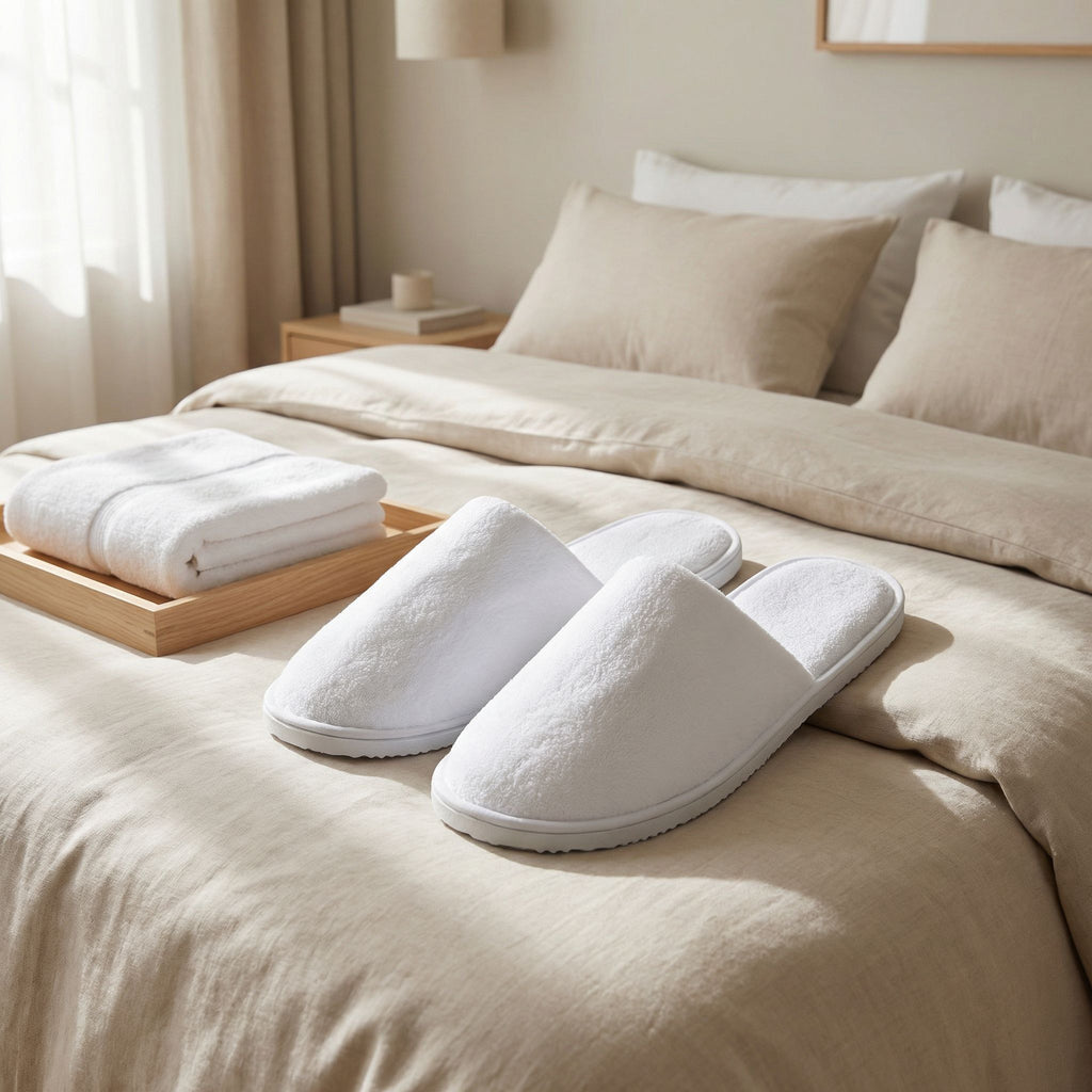 hotel room slippers setup with bedding