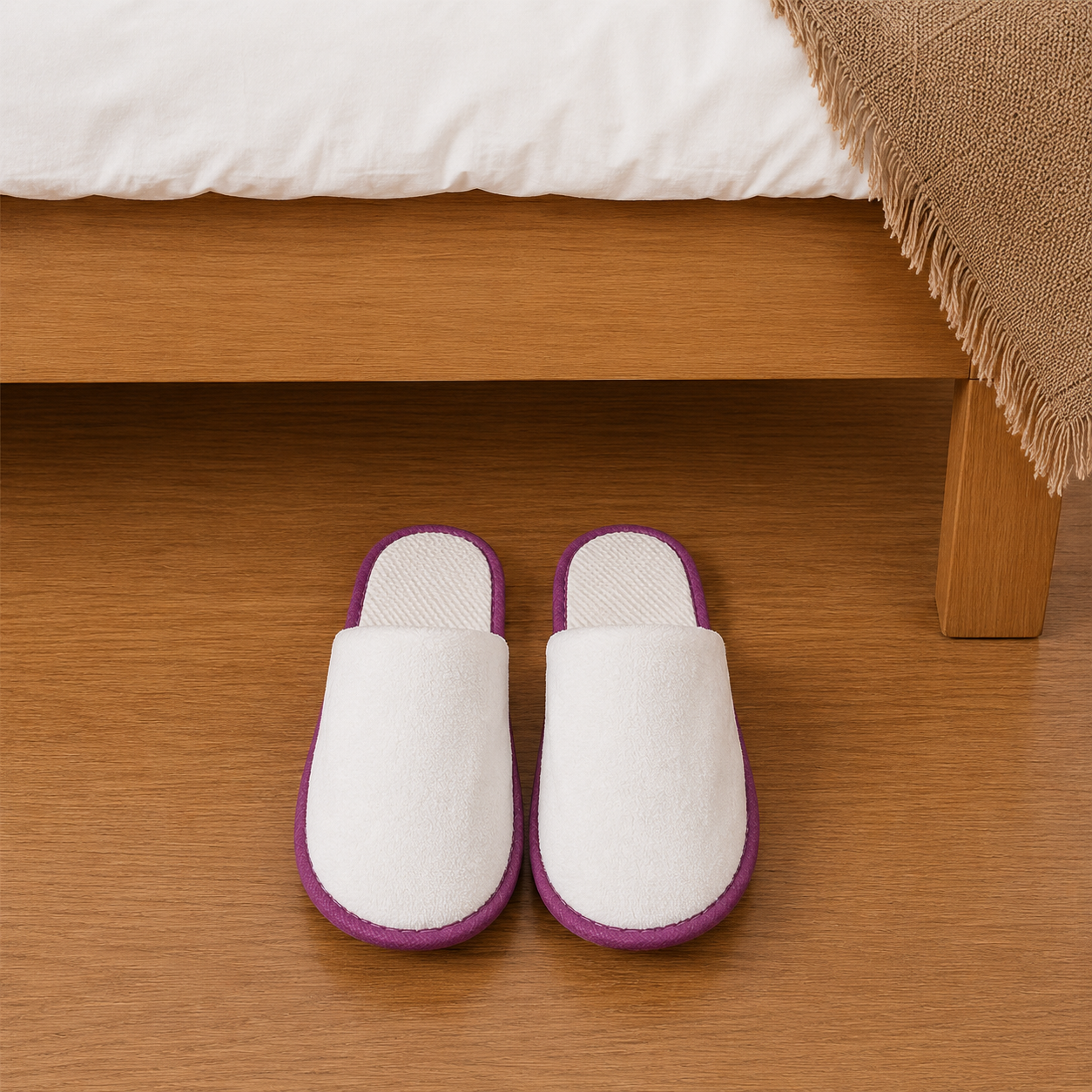 Waterproof coral fleece hotel slippers beside hotel bed