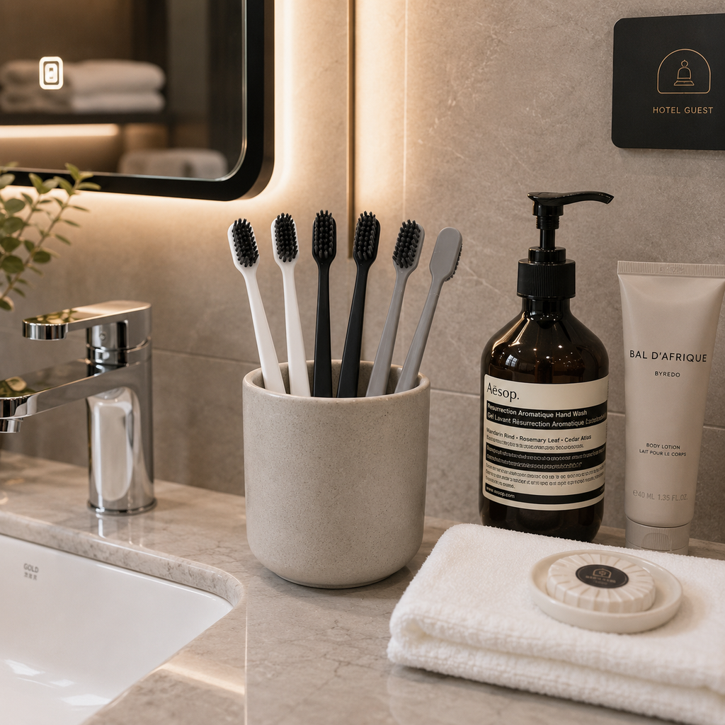 Disposable hotel toothbrushes displayed in a modern luxury hotel bathroom