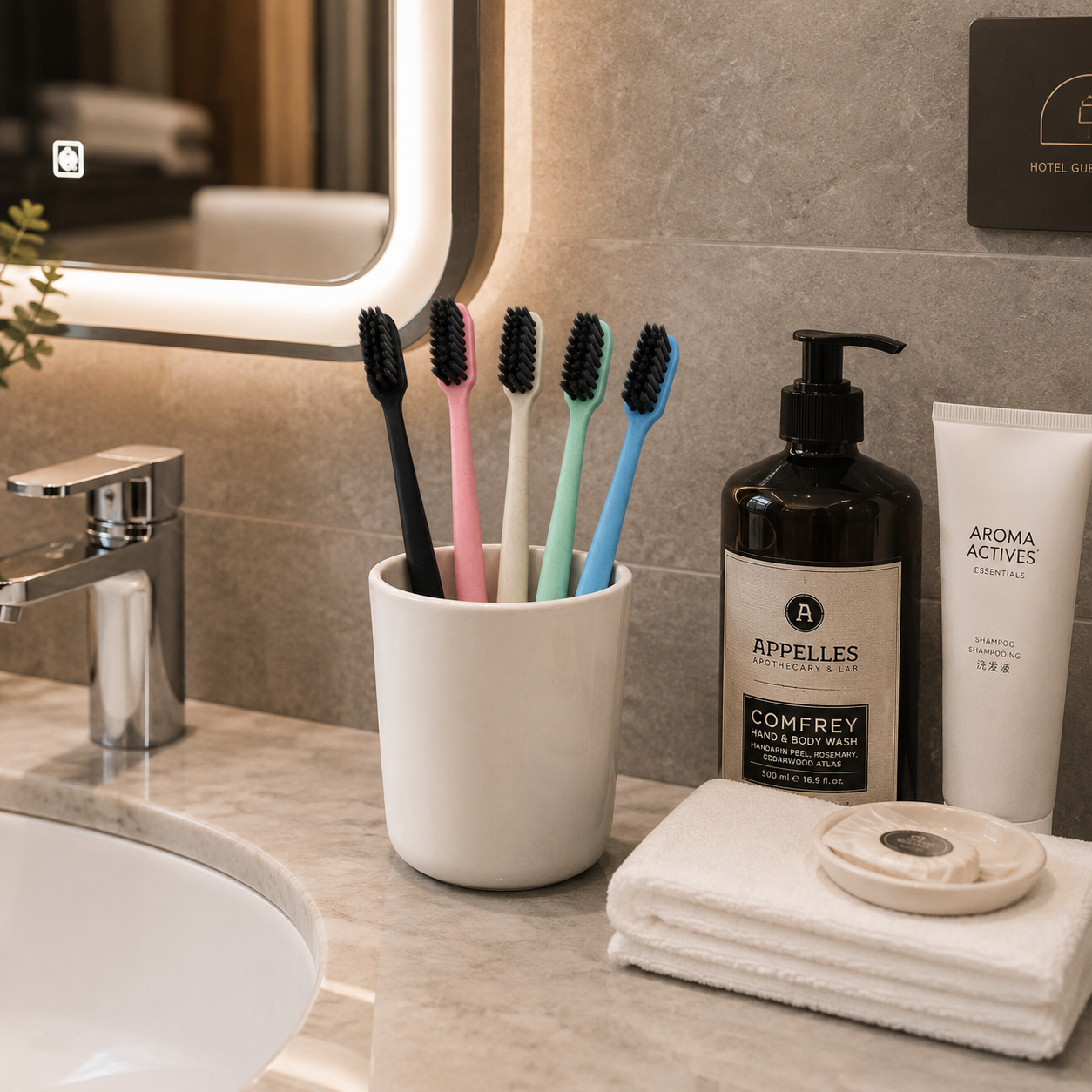 Eco-friendly hotel toothbrushes displayed in a luxury hotel bathroom