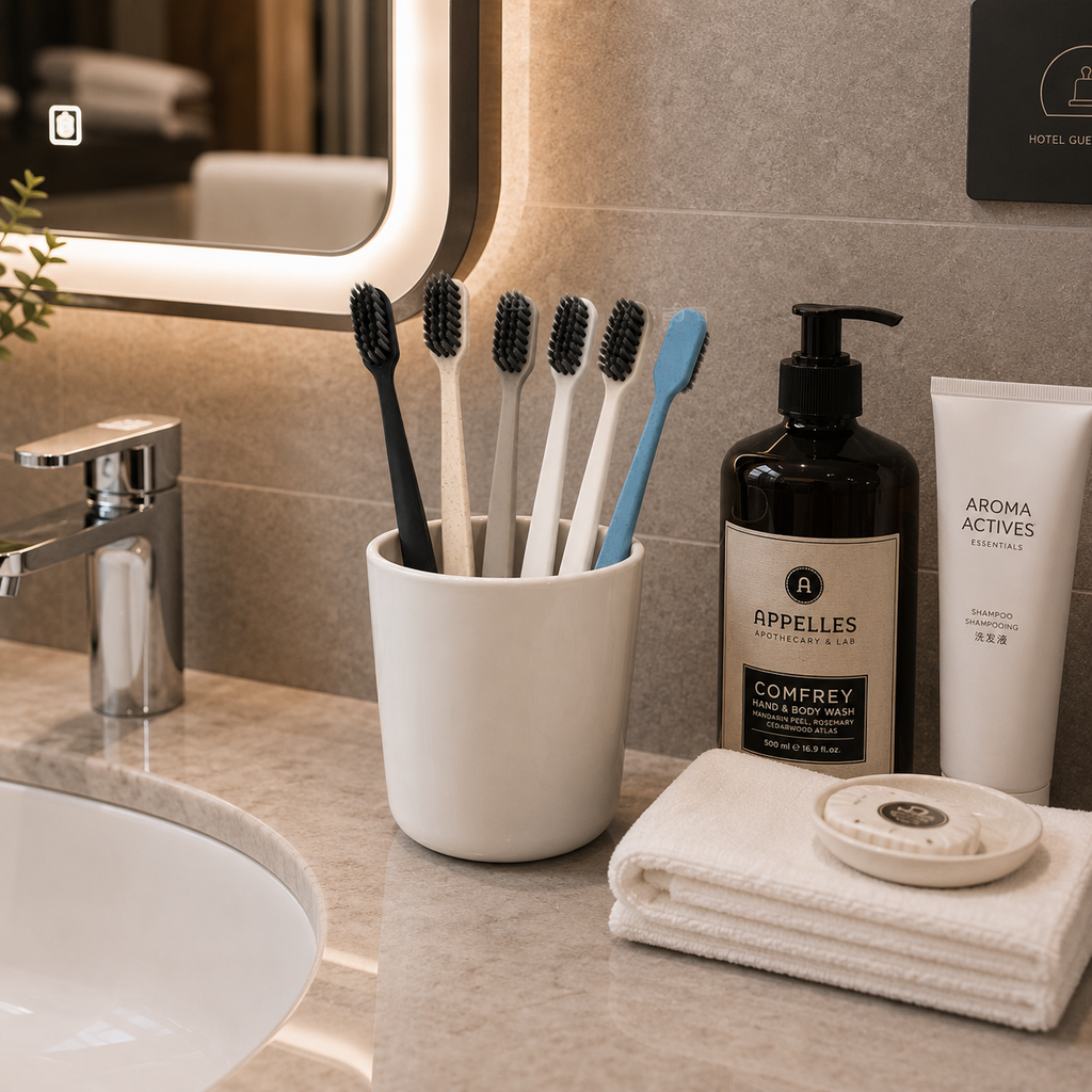 Disposable hotel toothbrushes displayed in a luxury hotel bathroom