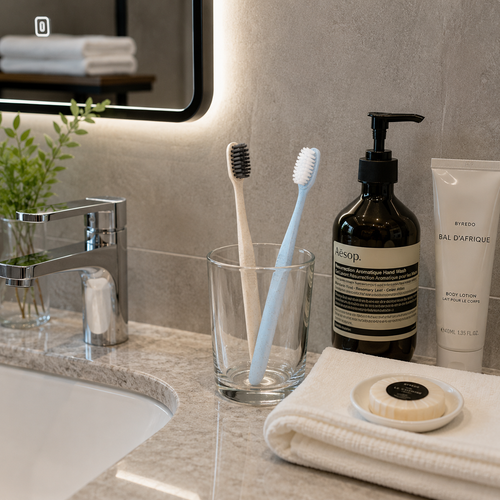 Soft bristle hotel toothbrushes displayed in a modern luxury bathroom
