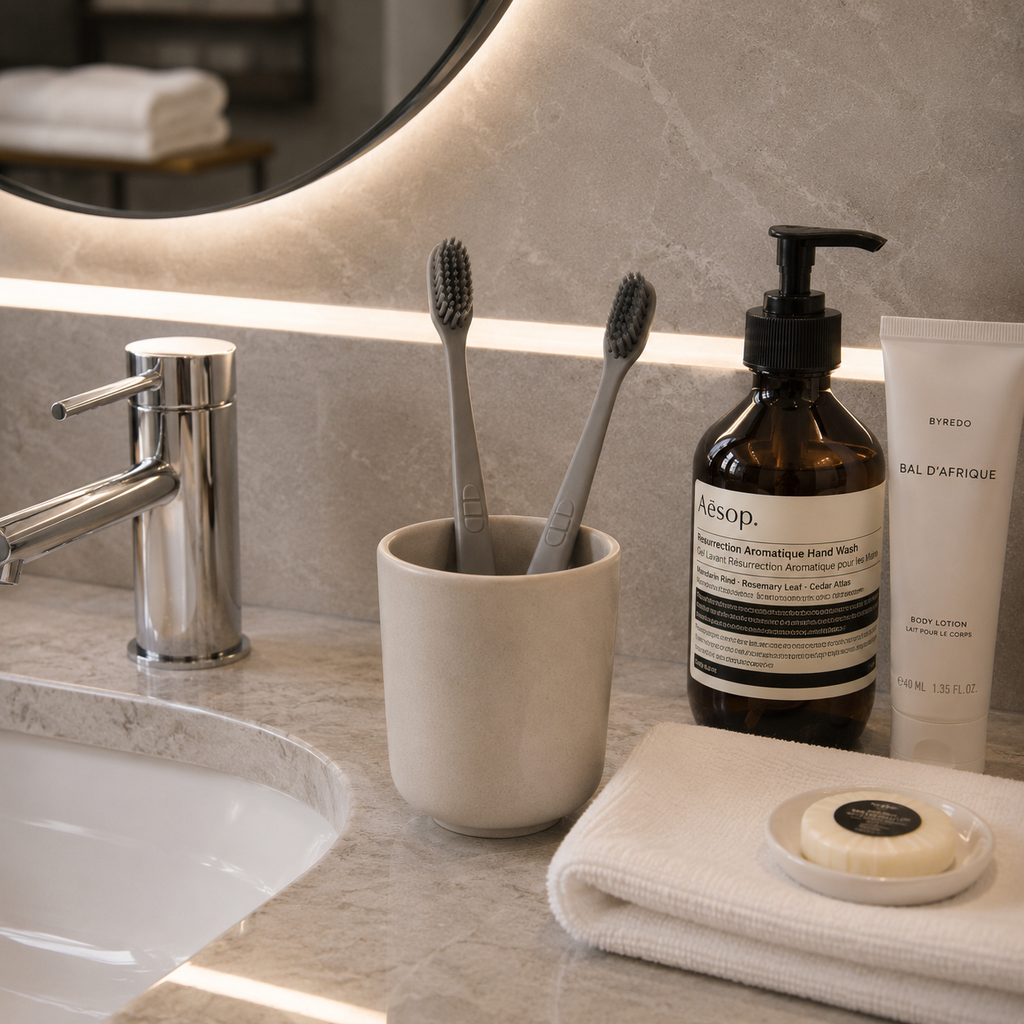 Grey soft bristle hotel toothbrushes displayed in a modern luxury bathroom