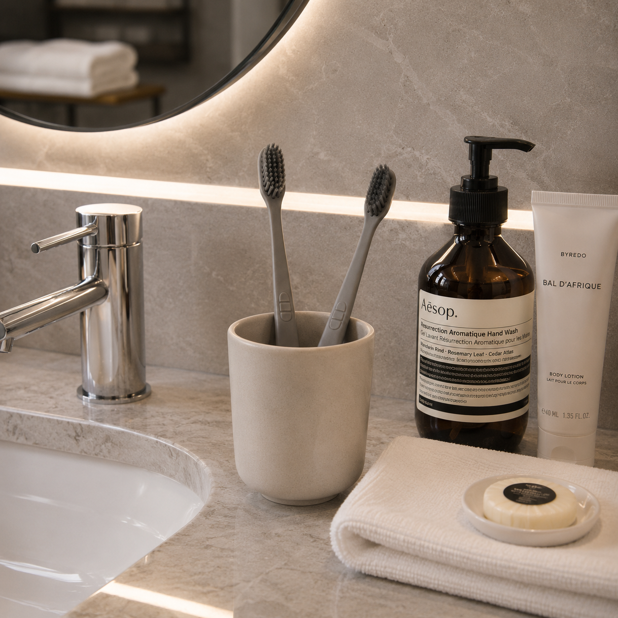 Grey soft bristle hotel toothbrushes displayed in a modern luxury bathroom