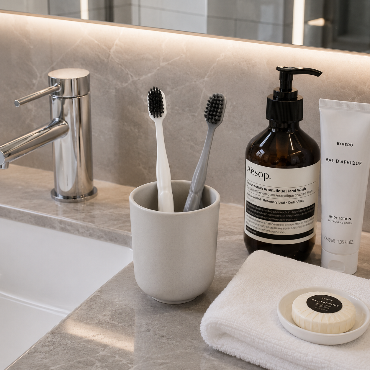 Modern hotel toothbrushes displayed in a luxury bathroom hospitality setting