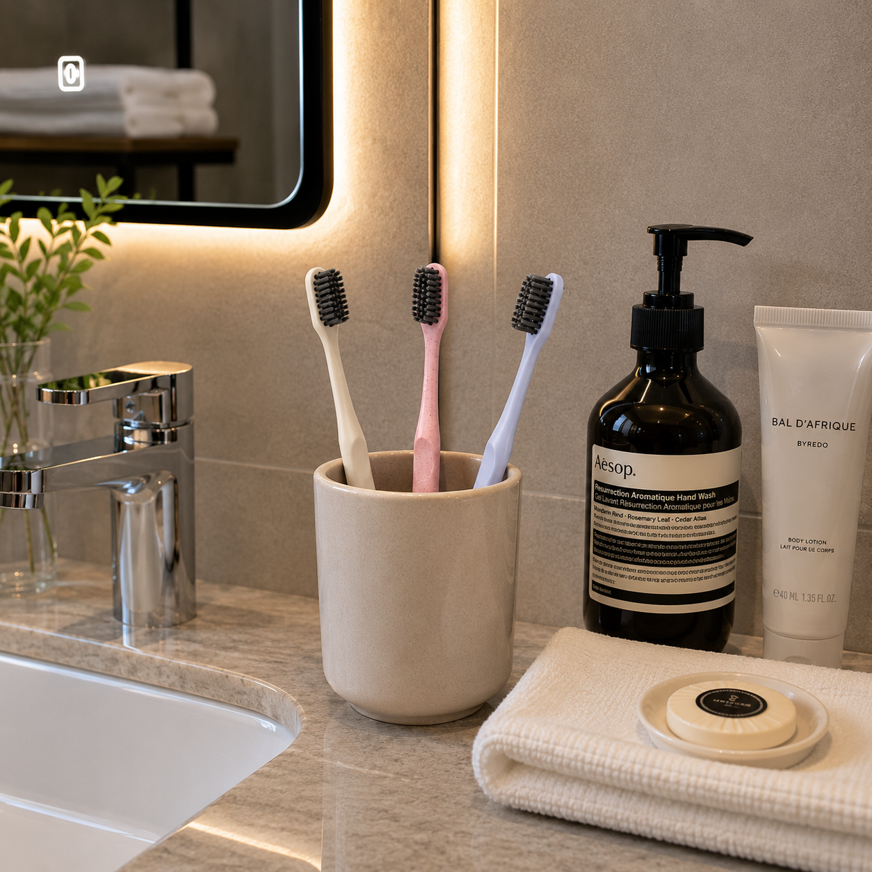 European style hotel toothbrushes displayed in a luxury hotel bathroom setting