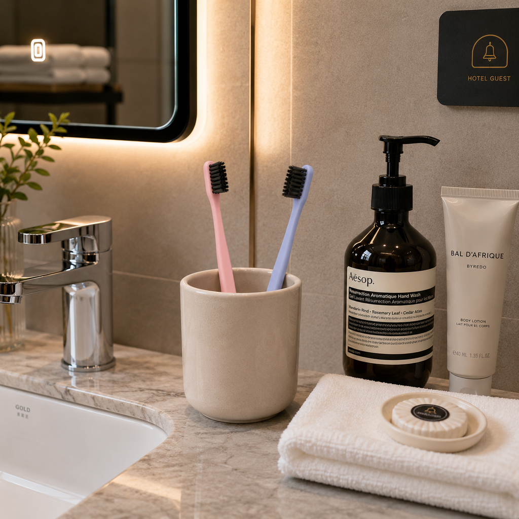 Korean style disposable hotel toothbrushes displayed in a modern luxury hotel bathroom