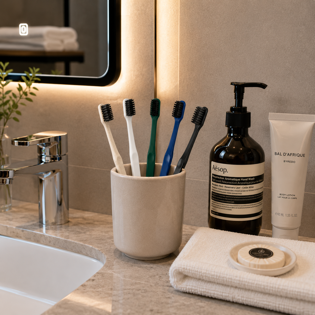 Trending hotel toothbrushes displayed in a luxury modern hotel bathroom