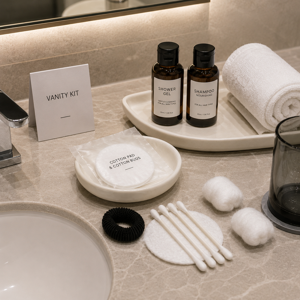 hotel vanity kit with cotton pads and hair tie displayed in modern bathroom