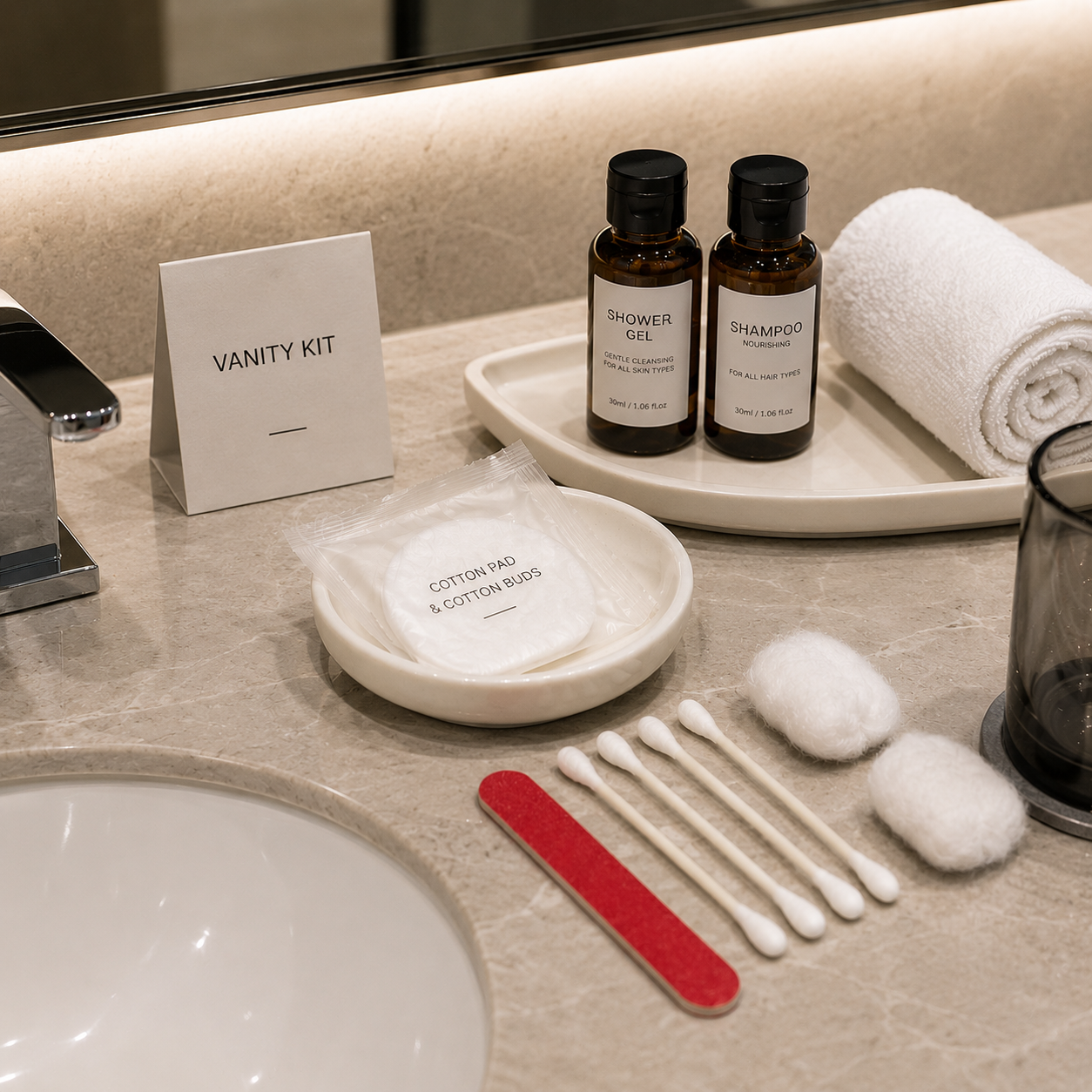 hotel vanity kit displayed in luxury bathroom setting