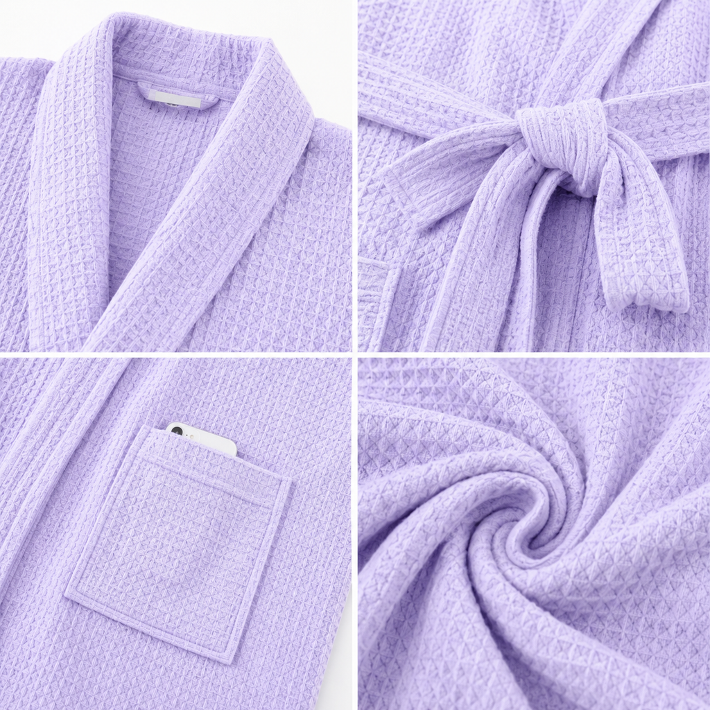 Close-up details of light purple waffle bathrobe fabric and stitching
