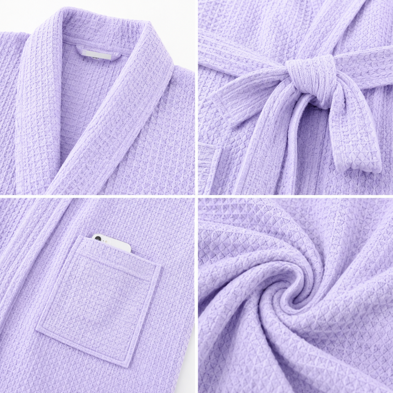 Close-up details of light purple waffle bathrobe fabric and stitching