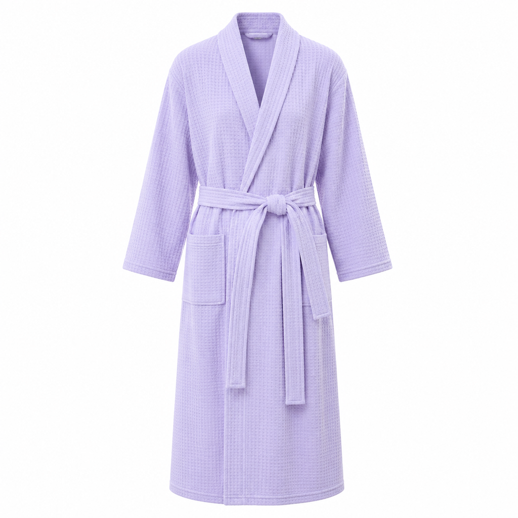 Front view of lightweight waffle hotel bathrobe in light purple
