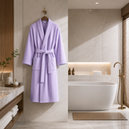 Light purple waffle bathrobe hanging in luxury hotel bathroom